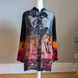 Vintage Y2K Citron Velvet Burnout Top Button Front Tie Dye Whimsygoth Size XL